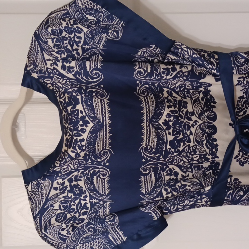 E C I sz 14 Silk, Asian Flare, Navy and Cream Midi Dress. Luxury, Wedding Guest. - Picture 8 of 11